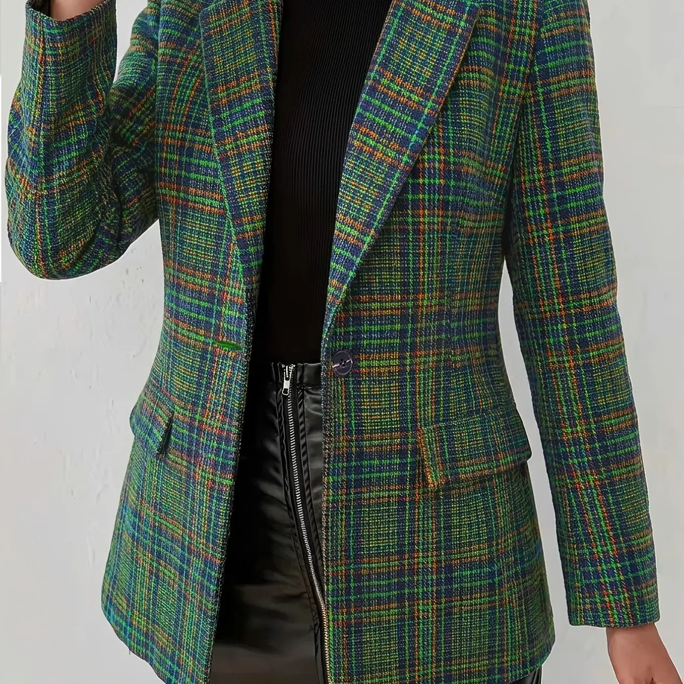 Vintage Plaid Button Front Blazer for Women - Brown, Woven Cotton Spandex