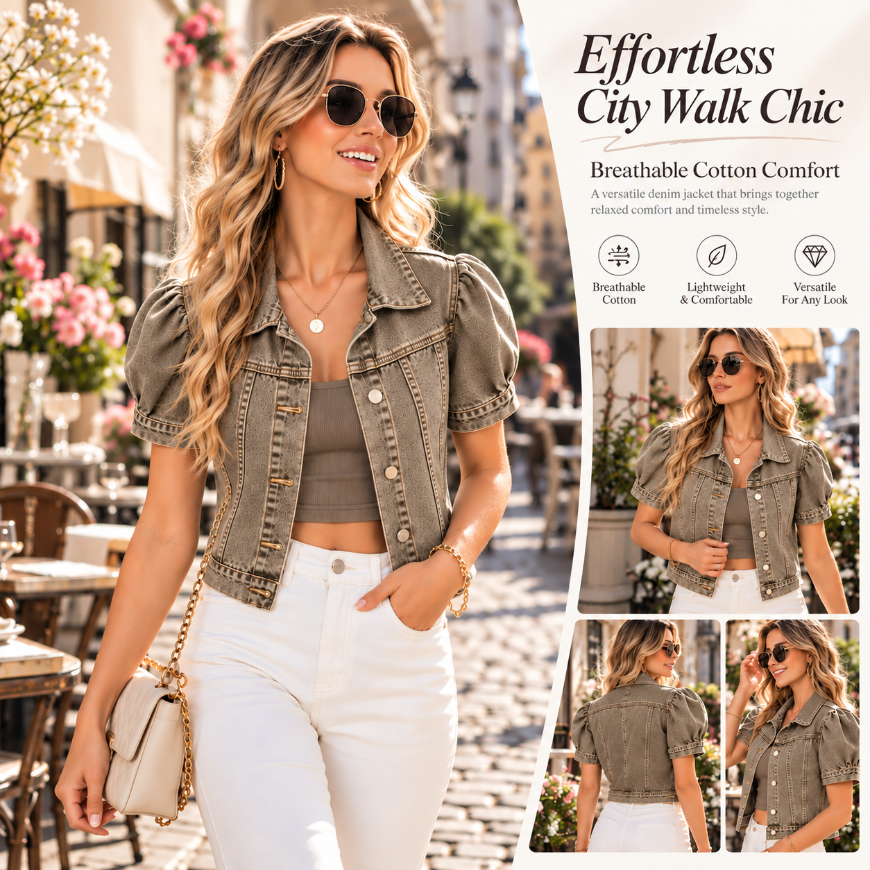 Puff Sleeve Cropped Denim Jacket-Tactilefable