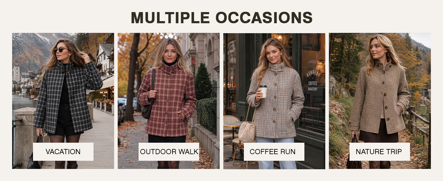 Plaid jackets styled for vacation, outdoor walks, coffee runs, and nature trips.