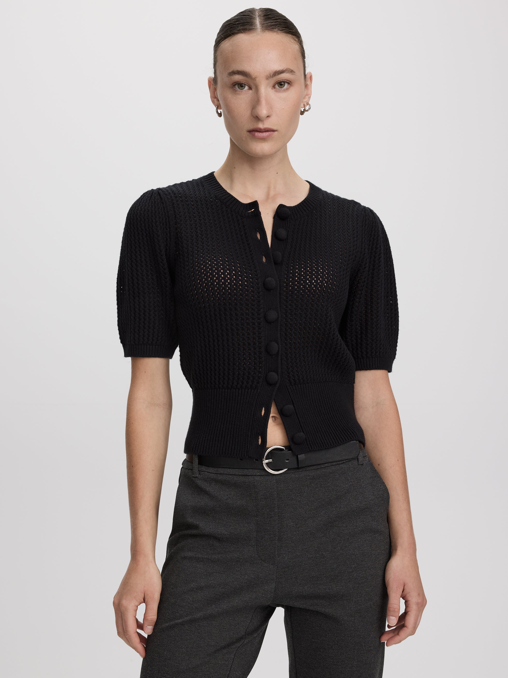Short-Sleeve Crew-Neck Cardigan with Pointelle Stitches-Tactilefable