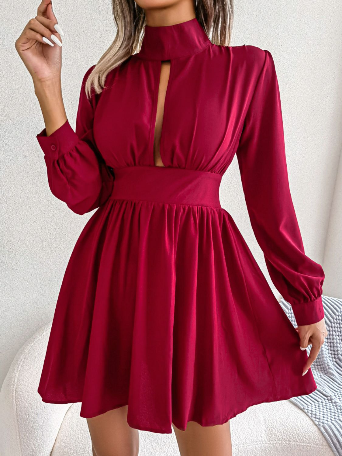 Jennifer Cutout Turtleneck A-Line 80s Swing Mini Dress | 3 Colors-Tactilefable