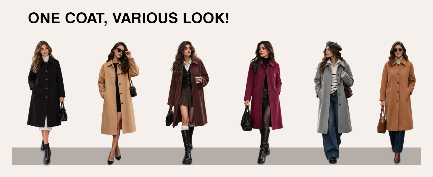 Tankaneo Womens Long Pea Coats Winter Lapel Single Breasted Overcoats