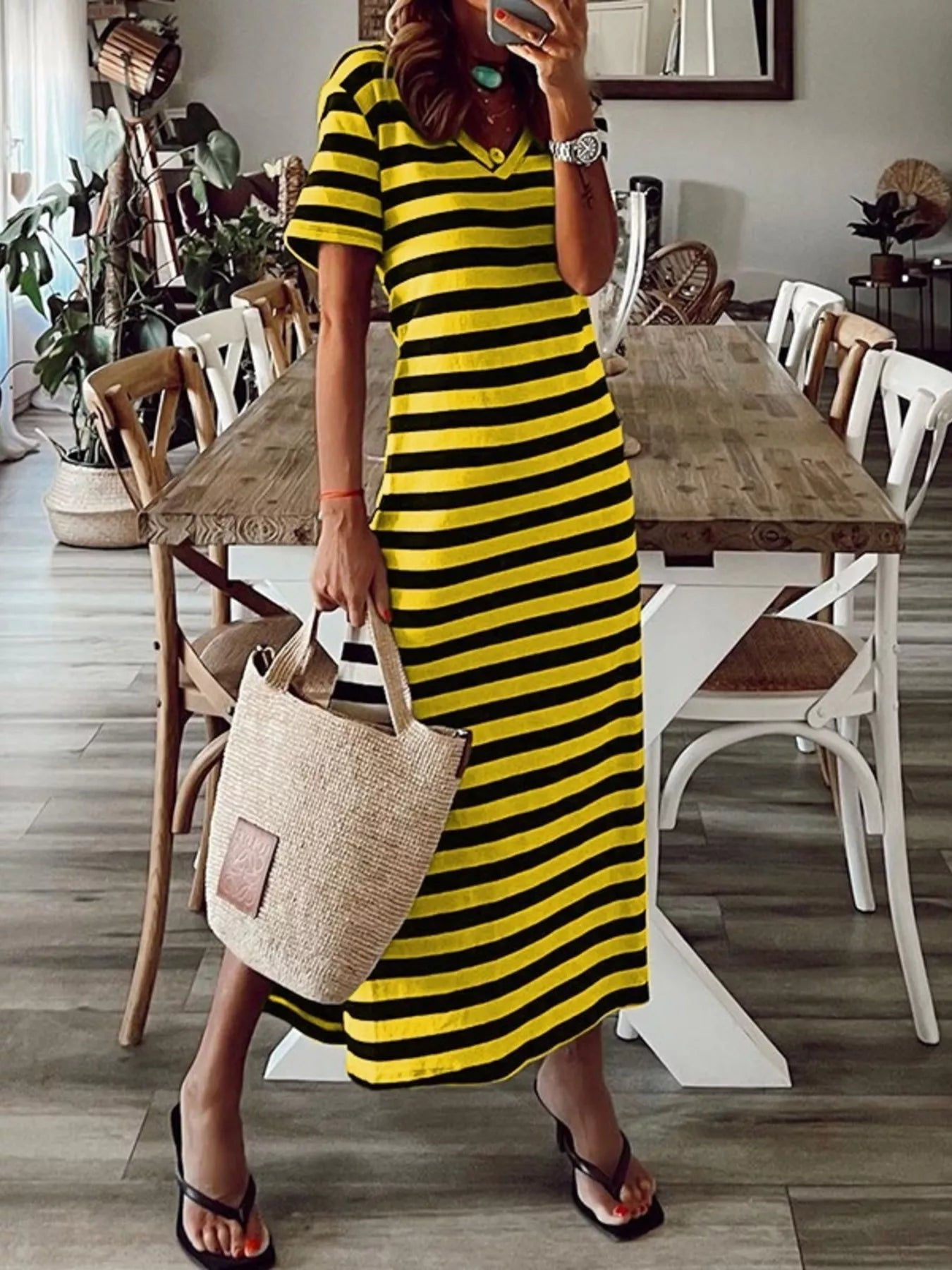 Vivian Striped V-Neck Midi T-shirt Dress with Side Slit | 4 Colors-Tactilefable