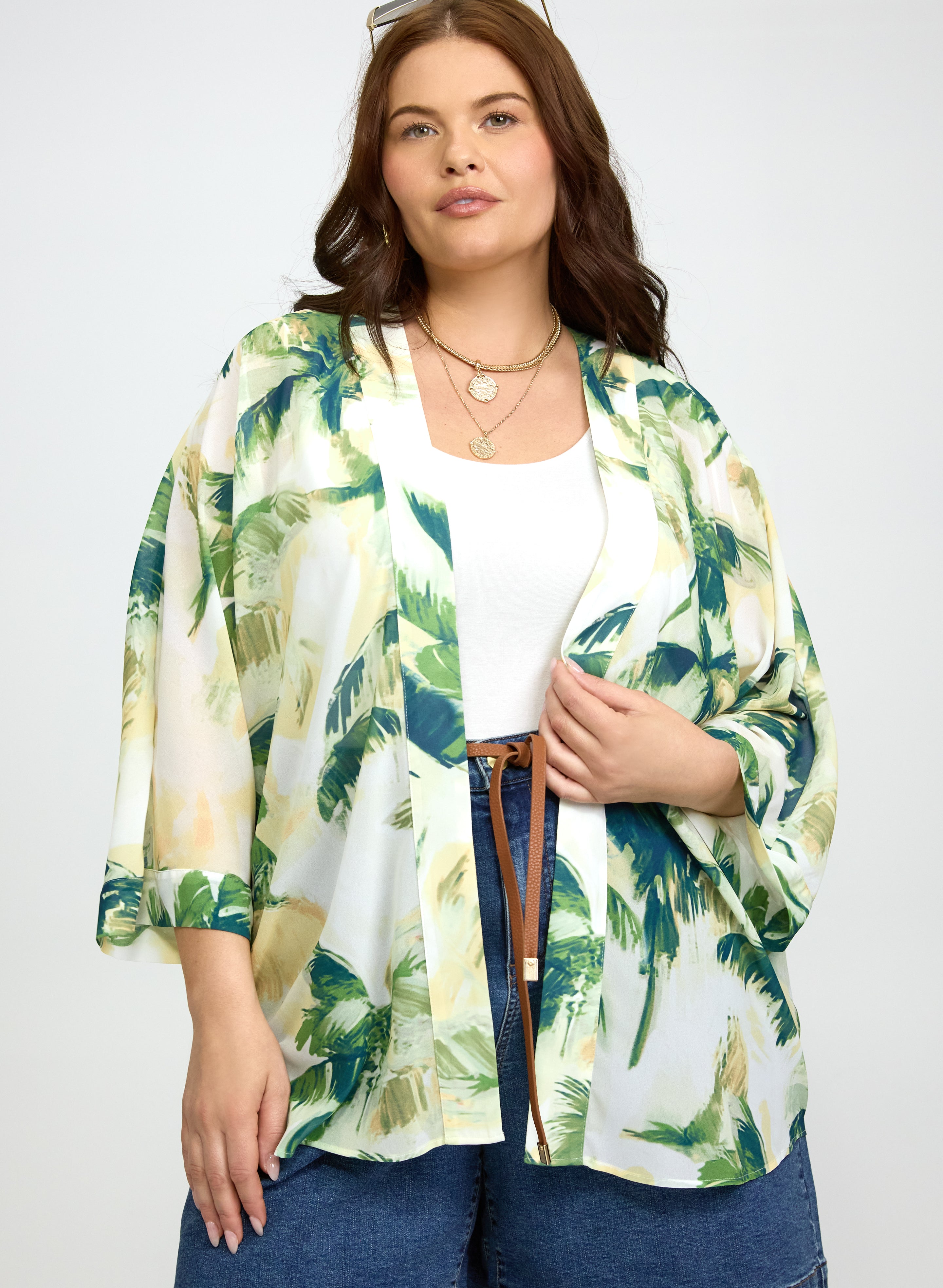 Palm Print Open Front Blouse-Tactilefable