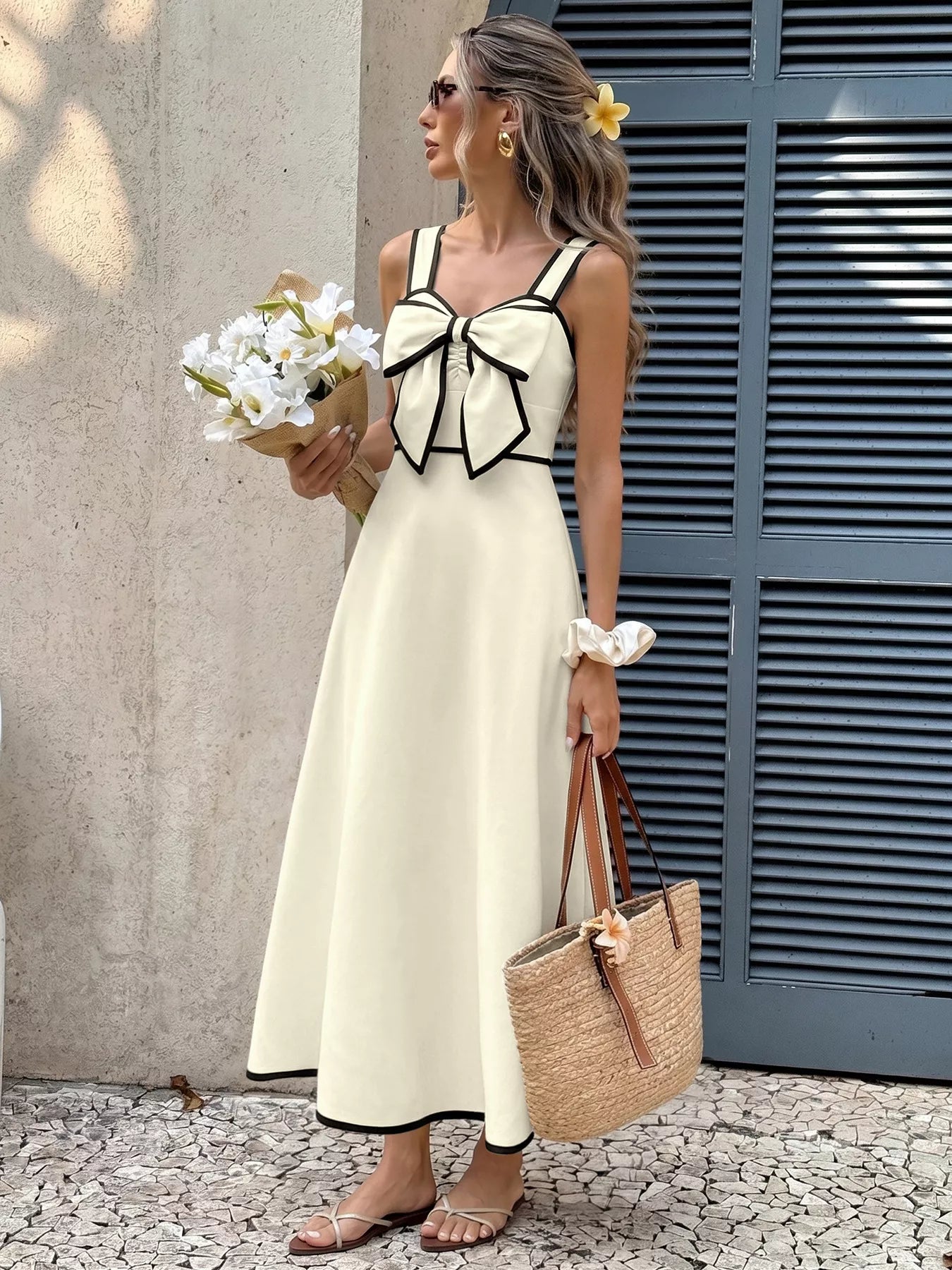 Bow-Trim A-Line Midi Dress-Tactilefable