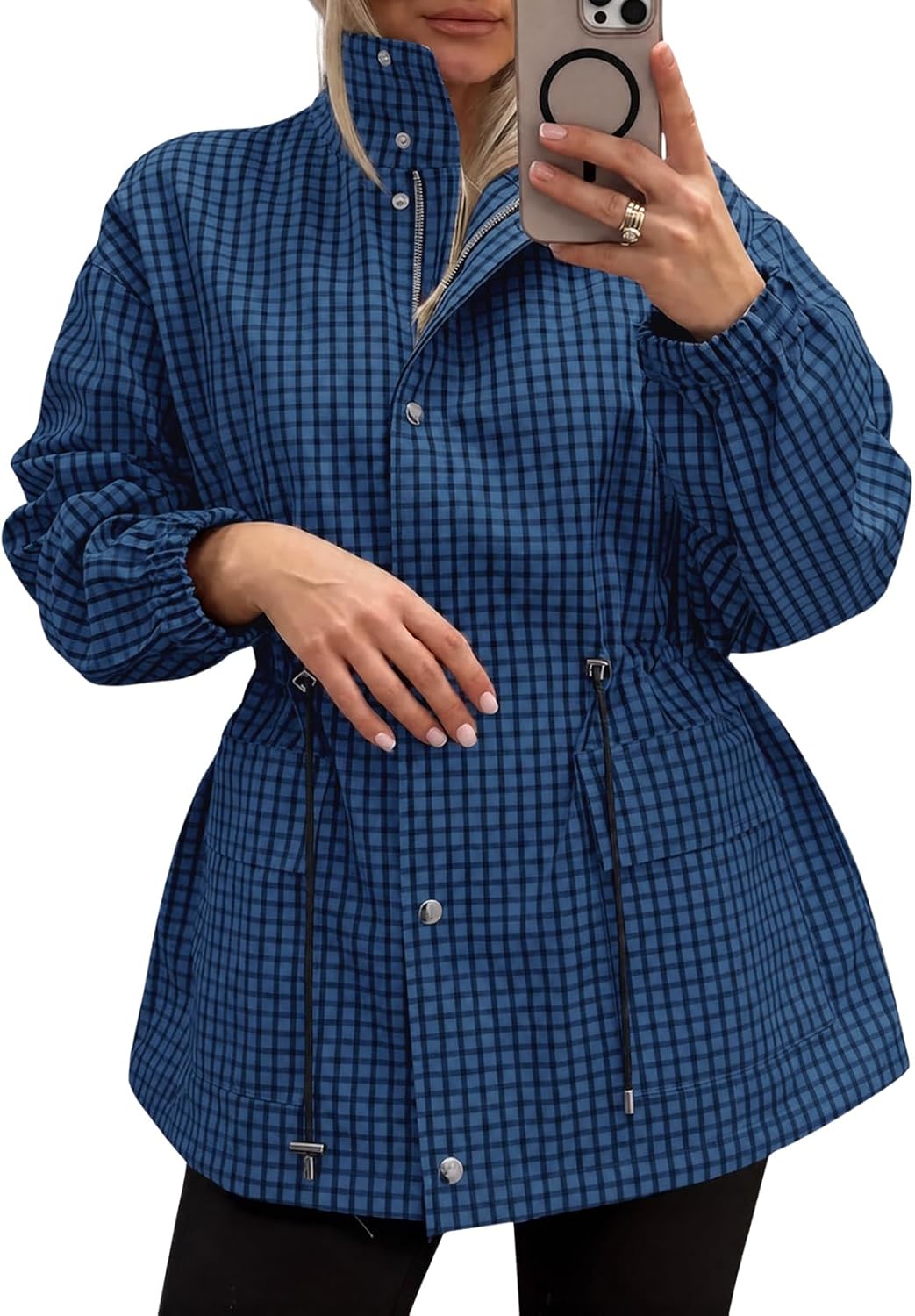 Womens Plaid Zip Up Jackets Casual Fall Windproof Trench Coats-Tactilefable