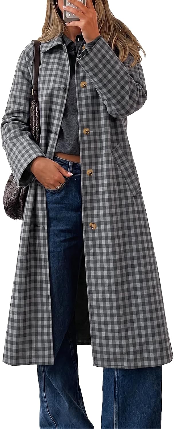 Womens Plaid Trench Coat Fall Lapel Single Breasted Long Jacket-Tactilefable