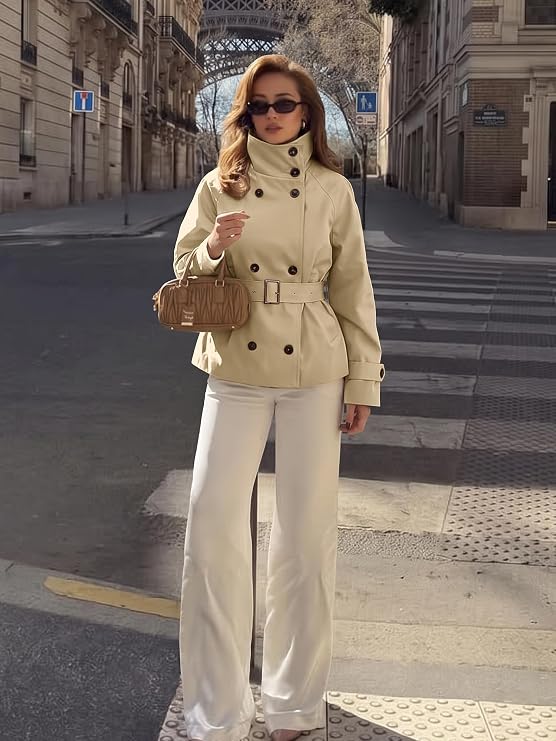 Womens Cropped Trench Coat Funnel Neck Fall Trendy Jacket with Belt-Tactilefable