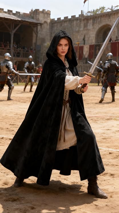 Medieval Cloak with Hood, Renaissance Halloween Hooded Cape-Tactilefable