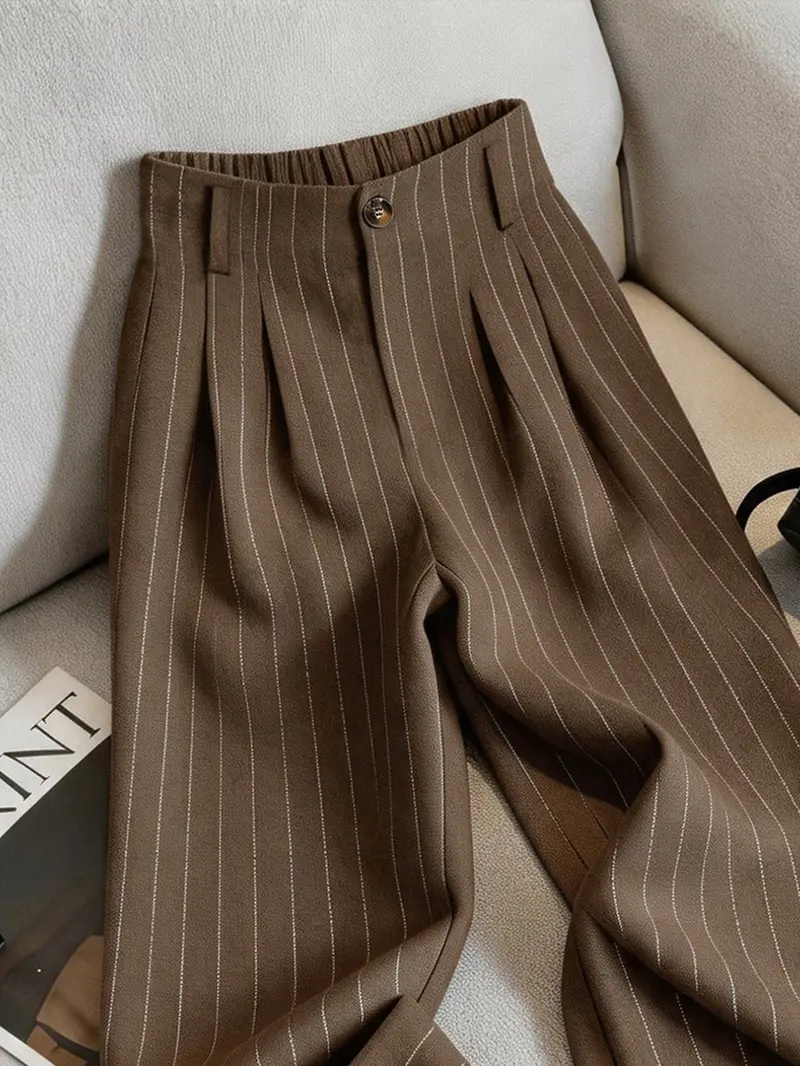 Women's Striped Suit Pants, High Waist Elastic Waist Conceal Hip Straight Leg Long Trousers, Business Casual Loose Fit for Work and Daily Wear