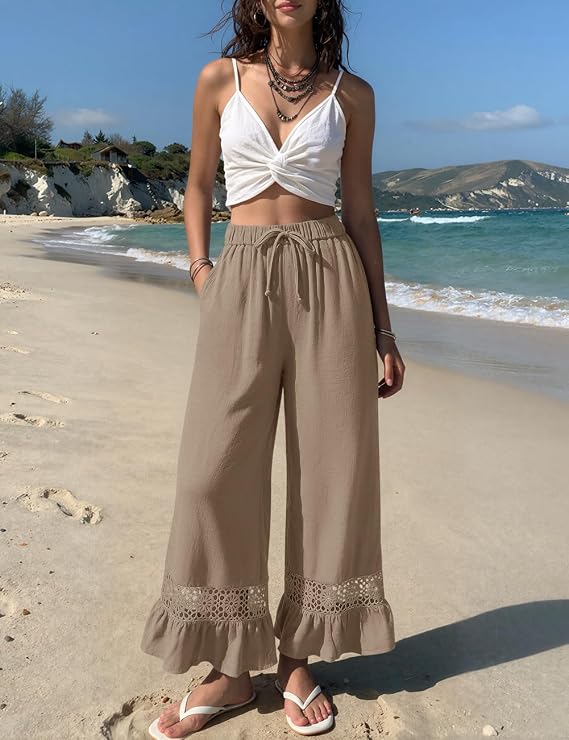 Linen Pants Women Wide Leg Lace Ruffle Hem Palazzo Pants with Pockets-Tactilefable
