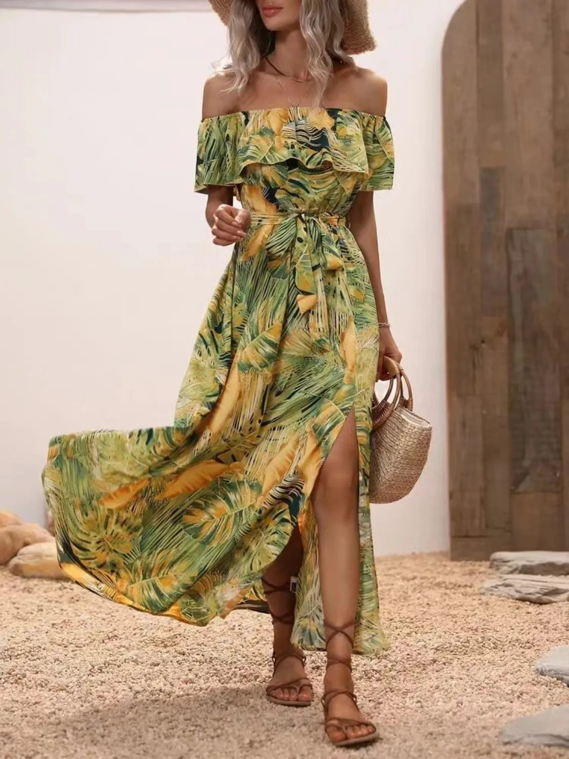 Moonlit Ruffled Printed Off Shoulder Maxi Dress | 4 colors | Poundton-Tactilefable