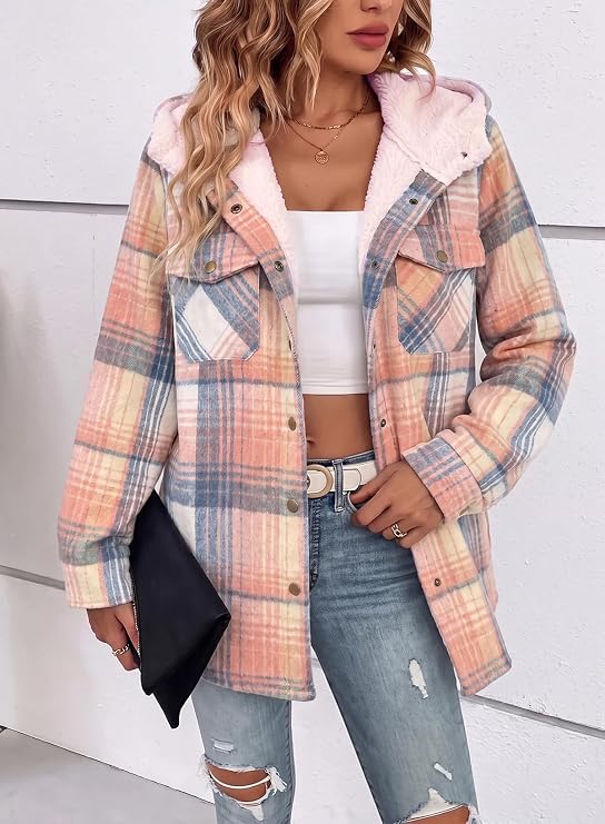 Womens Plaid Shacket Jacket Warm Fleece Hooded Jackets Winter Coats-Tactilefable