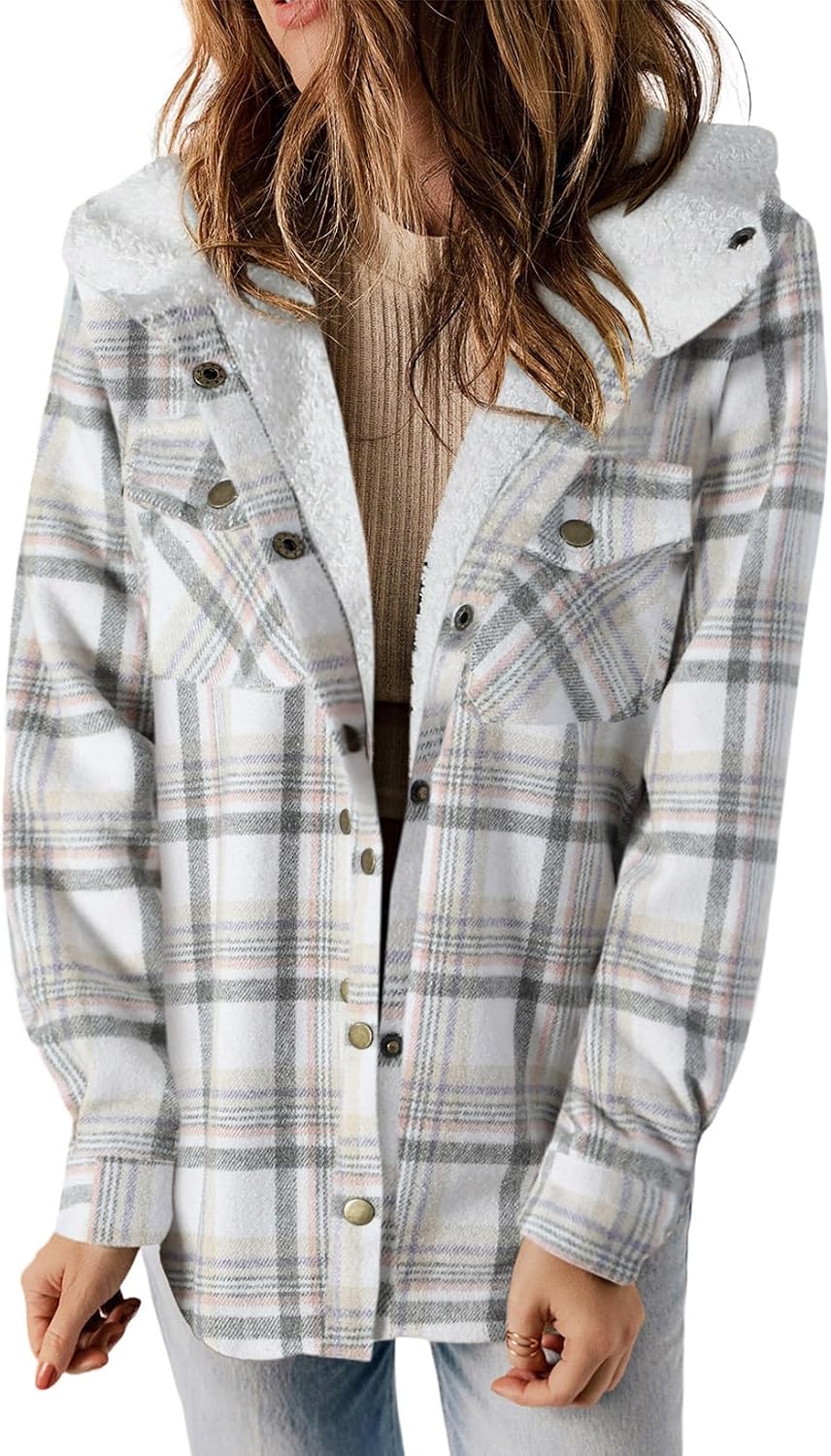 Womens Plaid Shacket Jacket Warm Fleece Hooded Jackets Winter Coats-Tactilefable