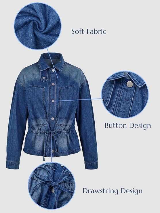 Women Drawstring Jean Jacket Button Down Collared Denim Shacket-Tactilefable