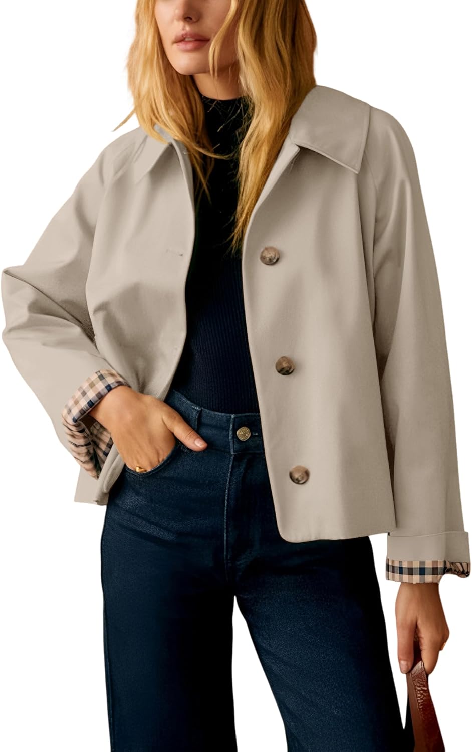 Womens Short Trench Jacket Plaid Lining Button Front Lightweight Classic Casual Outerwear with Pockets-TACTILEFABLE