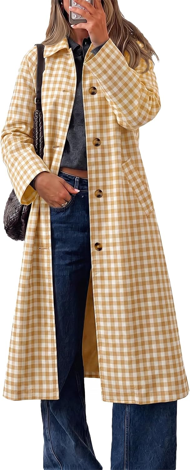 Womens Plaid Trench Coat Fall Lapel Single Breasted Long Jacket-Tactilefable
