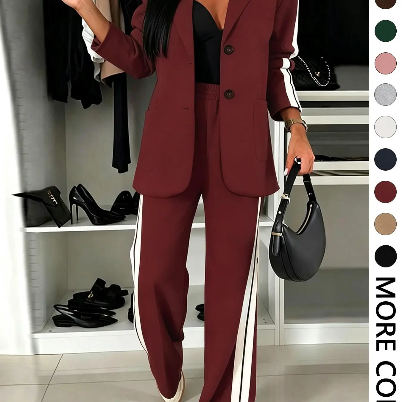 Women's Fall Winter Striped Wide Leg Suit Set-Tactilefable