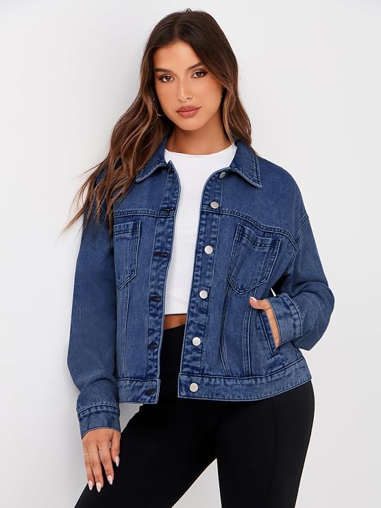 Womens Oversized Jean Jacket Casual Long Sleeve Button Down Denim Jacket Fall Coat-Tactilefable