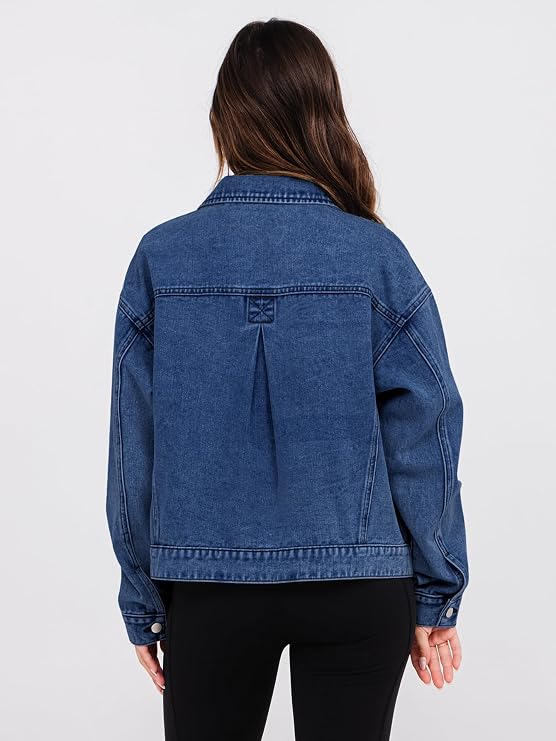 Womens Oversized Jean Jacket Casual Long Sleeve Button Down Denim Jacket Fall Coat-Tactilefable