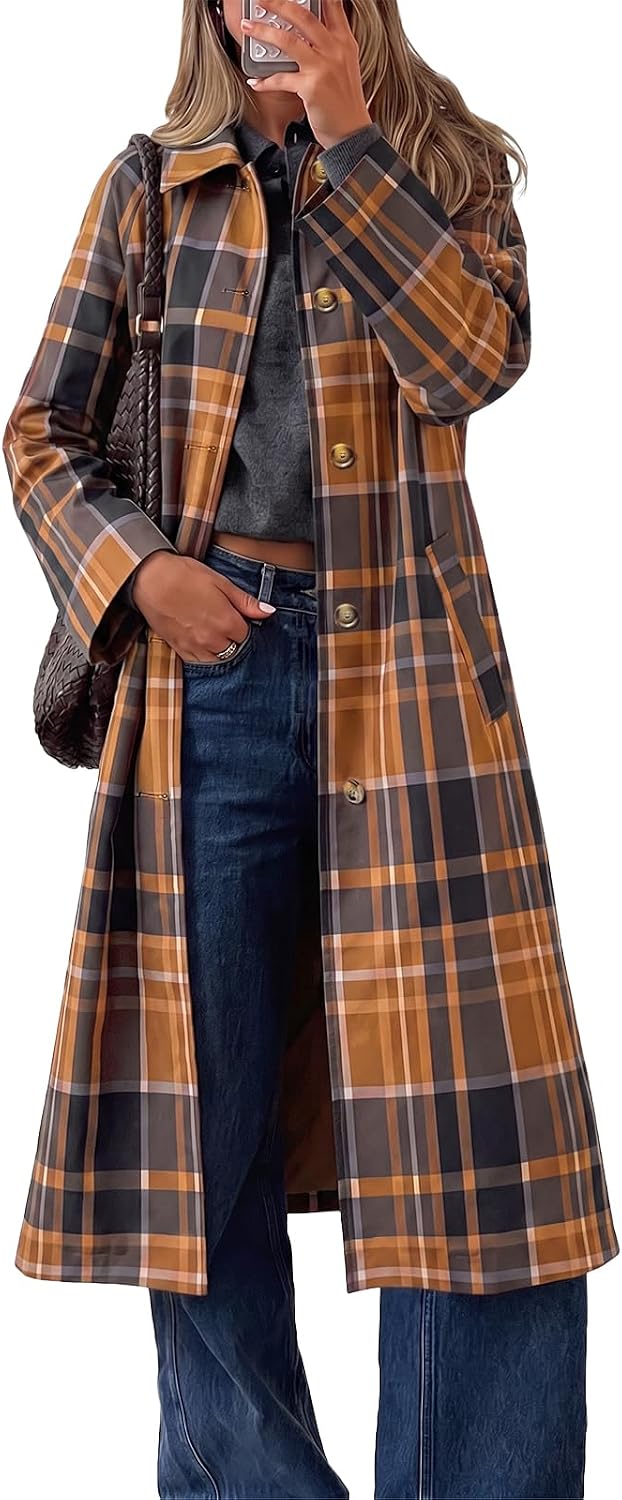 Womens Plaid Trench Coat Fall Lapel Single Breasted Long Jacket-Tactilefable