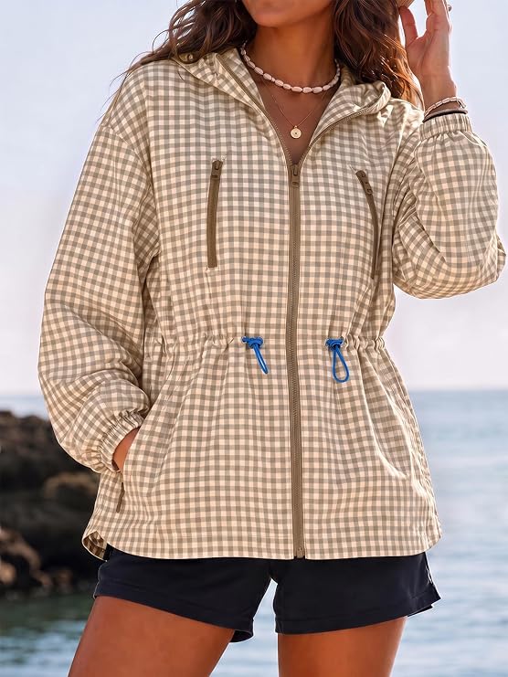 Womens Rain Jacket Waterproof Plaid Raincoat Hooded Windbreaker-Tactilefable