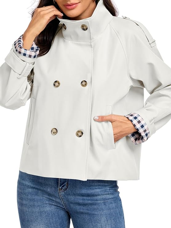 Womens Cropped Trench Coats Funnel Neck Breasted Fall Jacket with Pockets-Tactilefable
