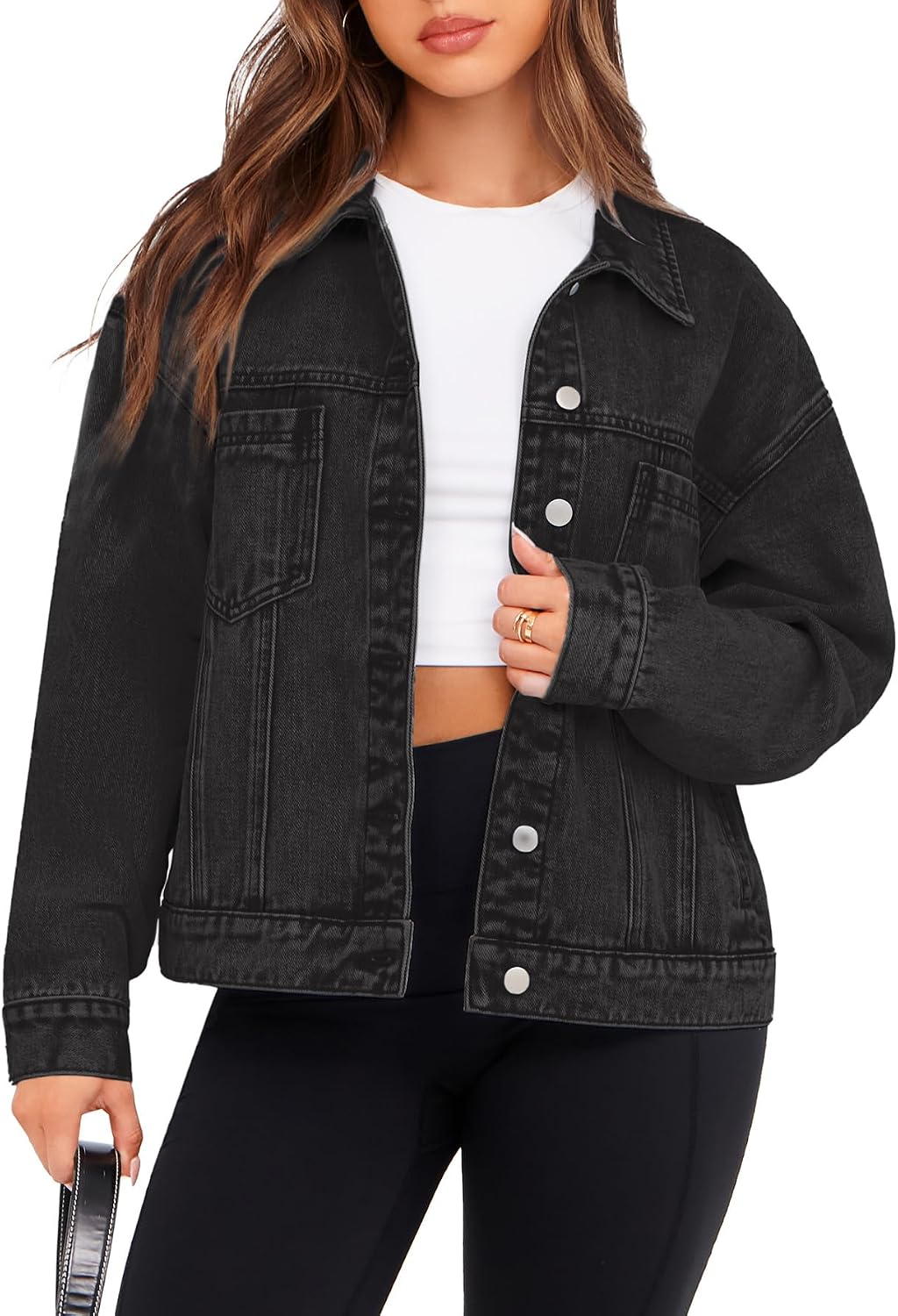 Womens Oversized Jean Jacket Casual Long Sleeve Button Down Denim Jacket Fall Coat-Tactilefable