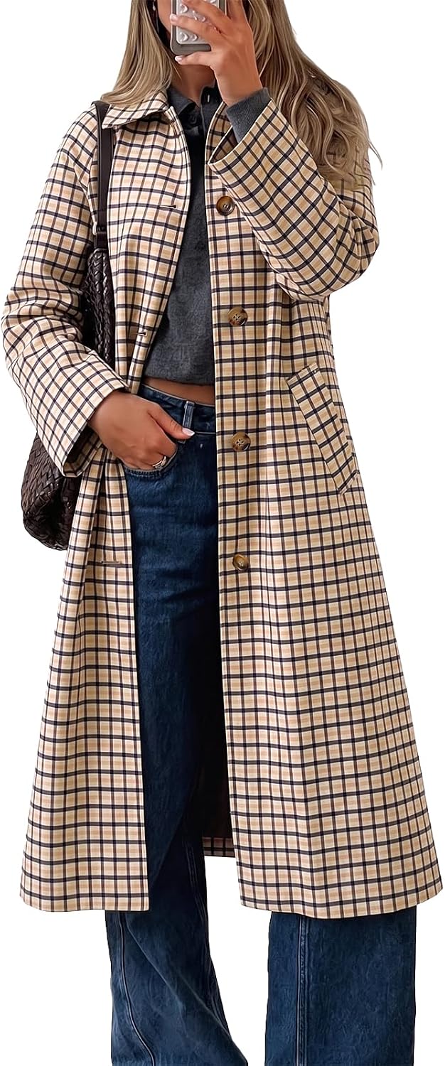 Womens Plaid Trench Coat Fall Lapel Single Breasted Long Jacket-Tactilefable