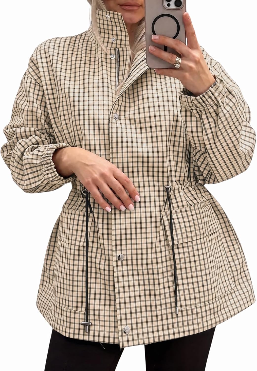 Womens Plaid Zip Up Jackets Casual Fall Windproof Trench Coats-Tactilefable