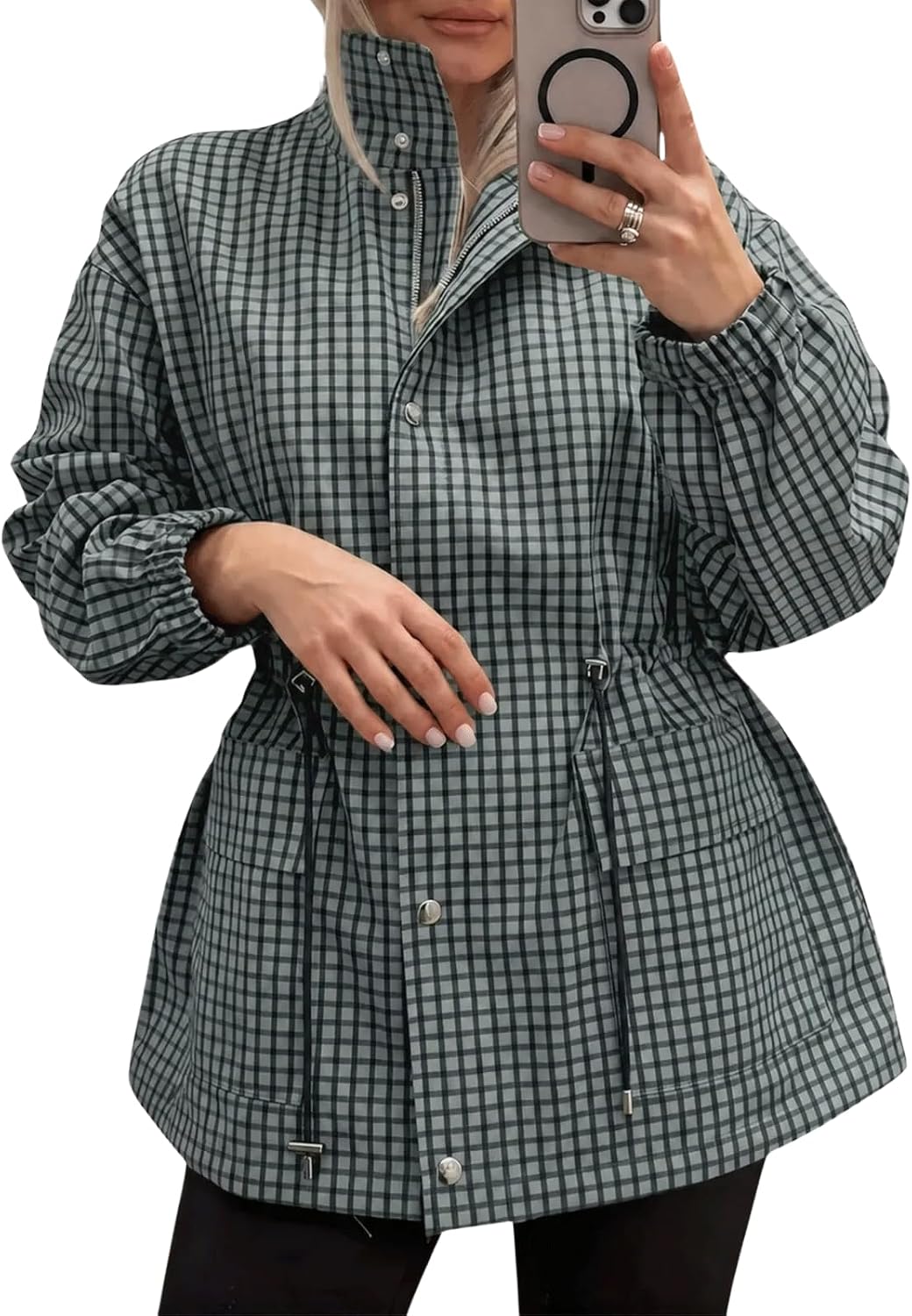 Womens Plaid Zip Up Jackets Casual Fall Windproof Trench Coats-Tactilefable