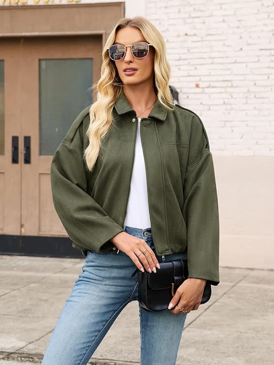 Womens Bomber Jacket Faux Suede Casual Cropped Pilot Coat Lapel Collar Causal Oversized Trendy Outwear-TACTILEFABLE