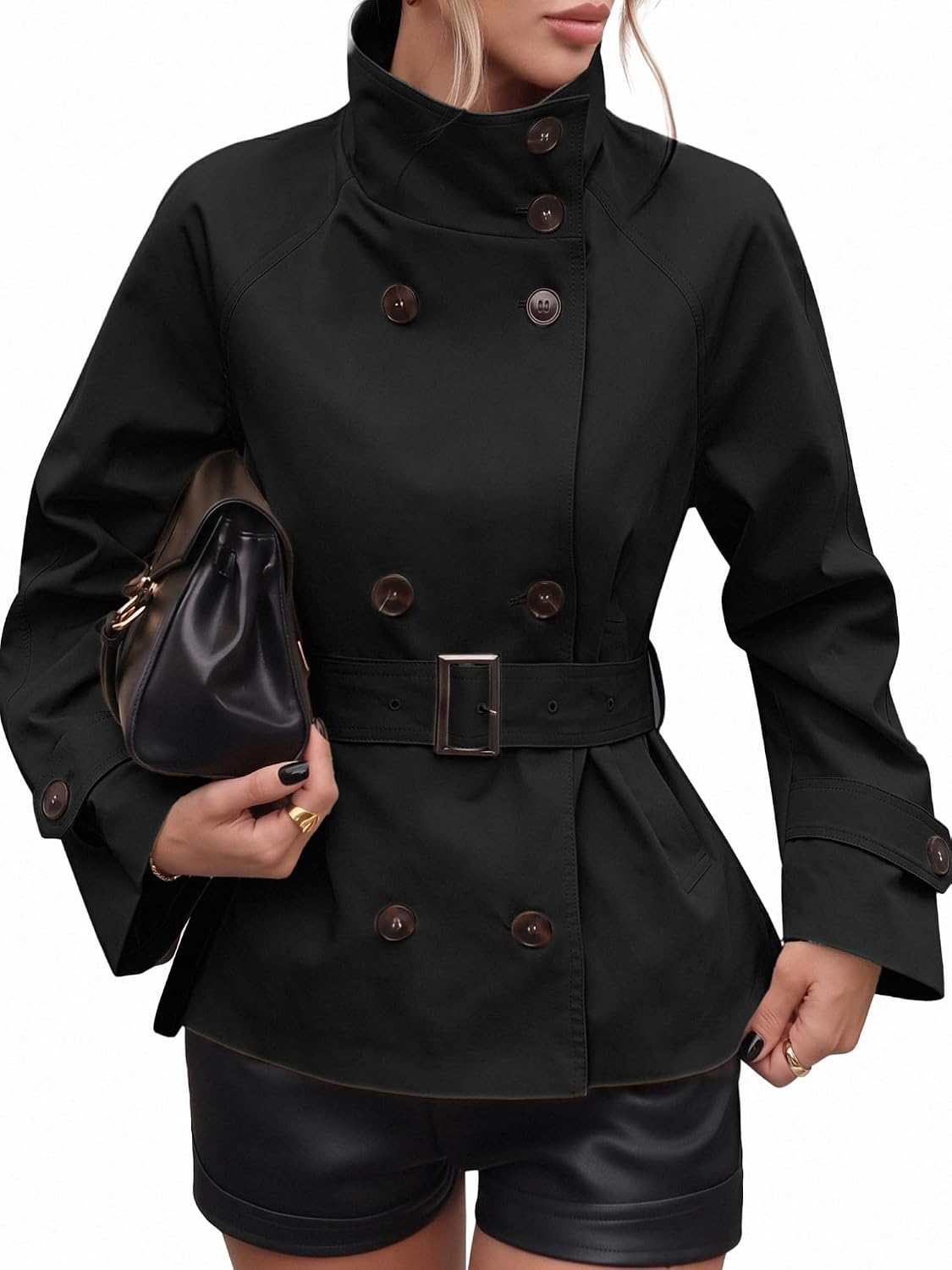 Womens Cropped Trench Coat Funnel Neck Fall Trendy Jacket with Belt-Tactilefable
