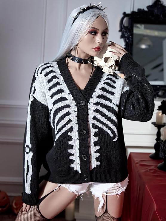 Women's Skeleton Print Knit Cardigan V-Neck Drop-Shoulder Sweater for Casual Wear