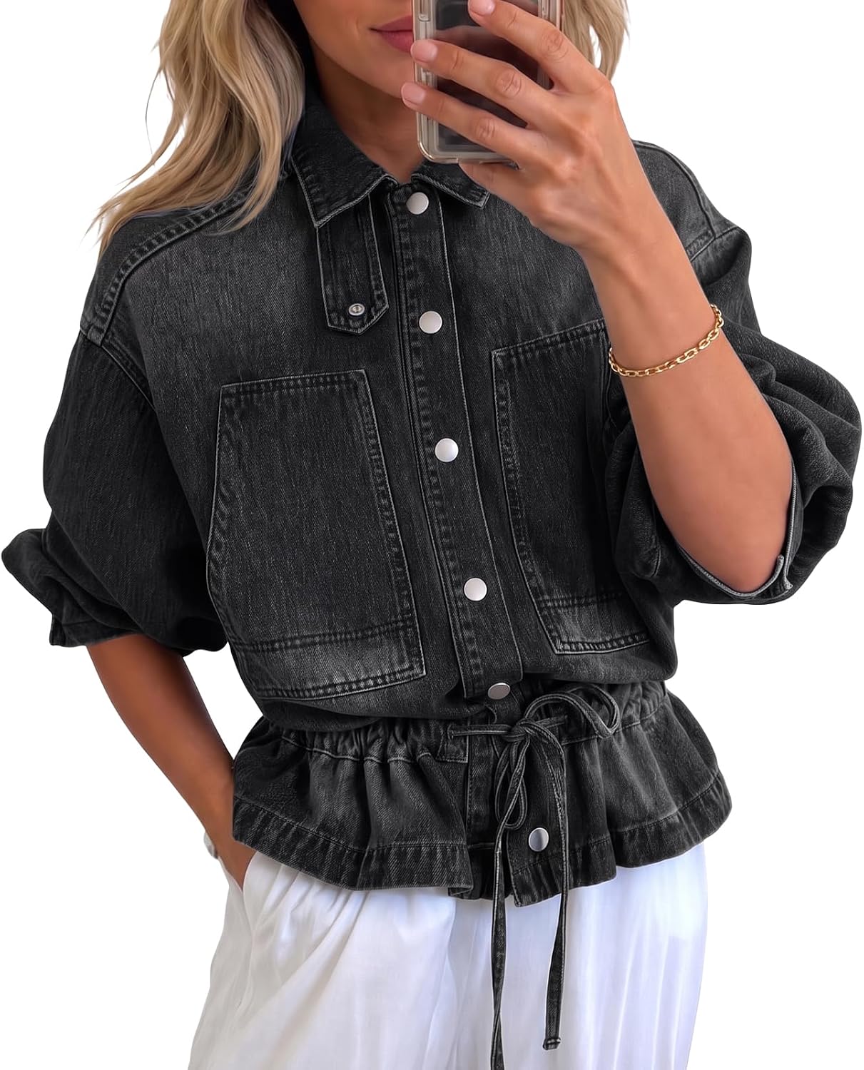 Women Drawstring Jean Jacket Button Down Collared Denim Shacket-Tactilefable