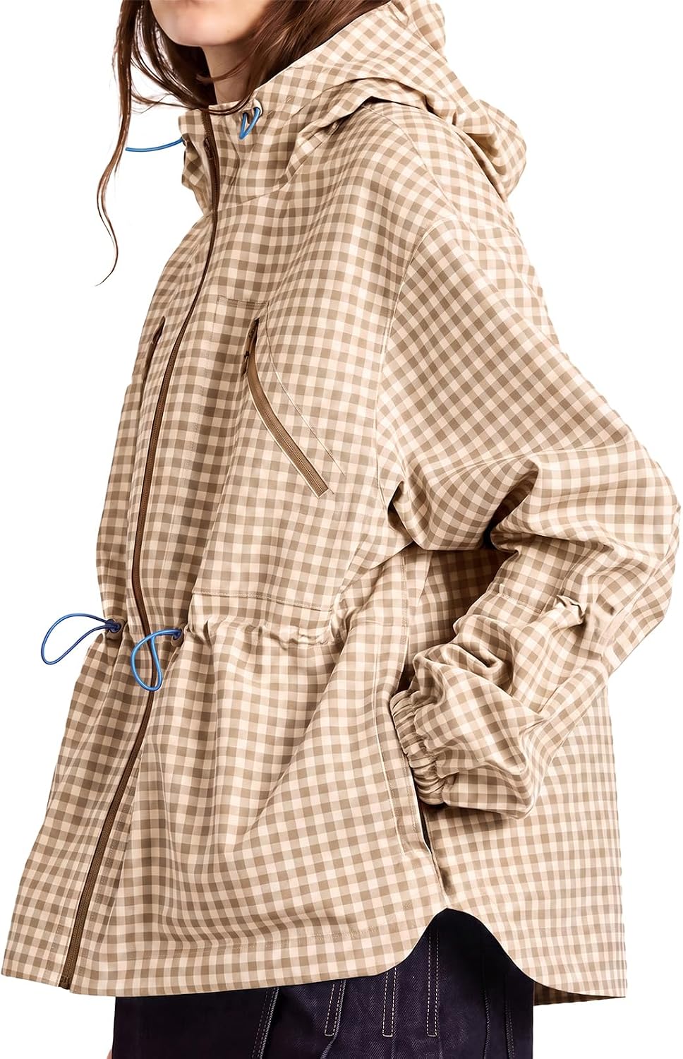 Womens Rain Jacket Waterproof Plaid Raincoat Hooded Windbreaker-Tactilefable