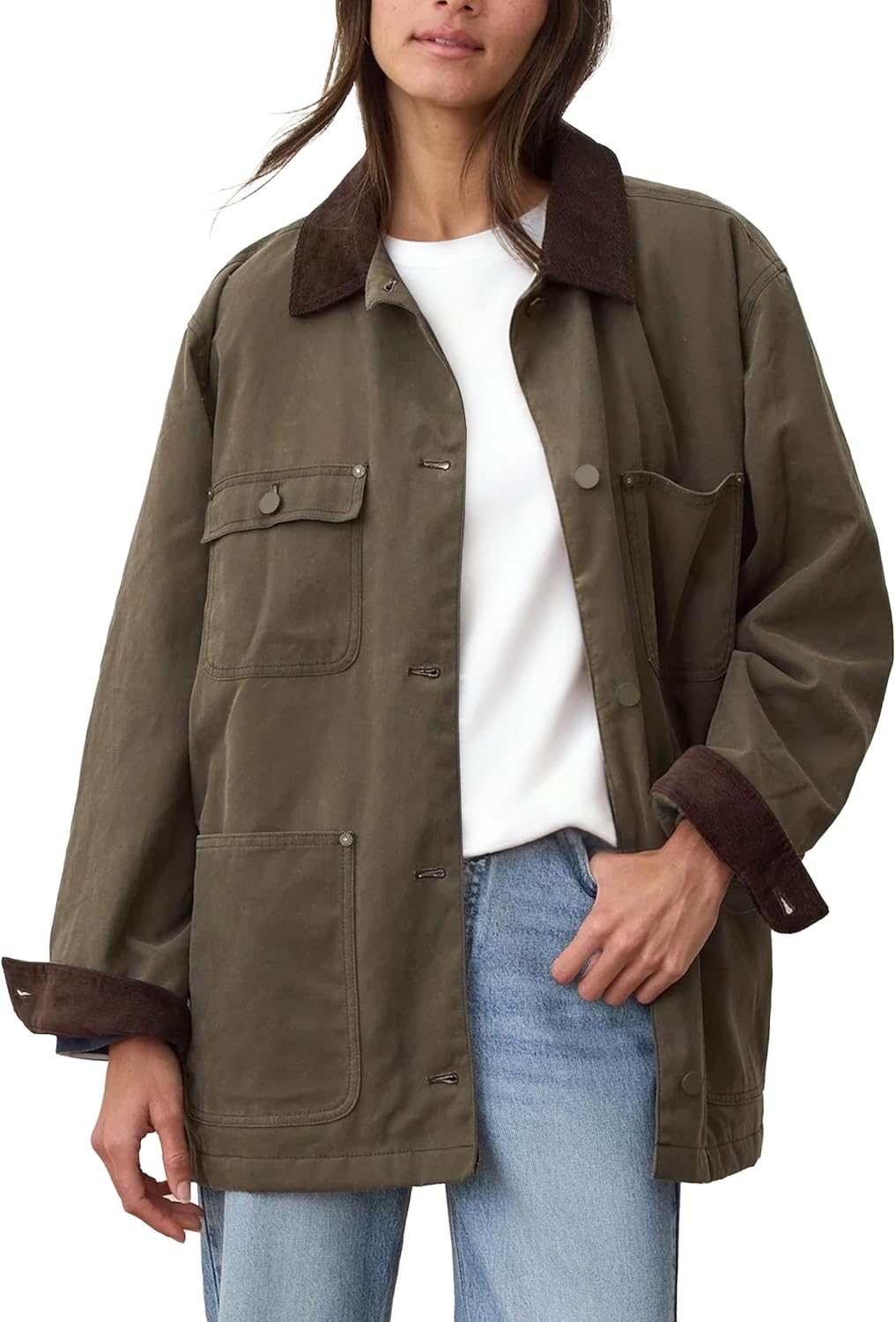 Womens Utility Barn Jackets Oversized Vintage Corduroy Collar Coat-Tactilefable