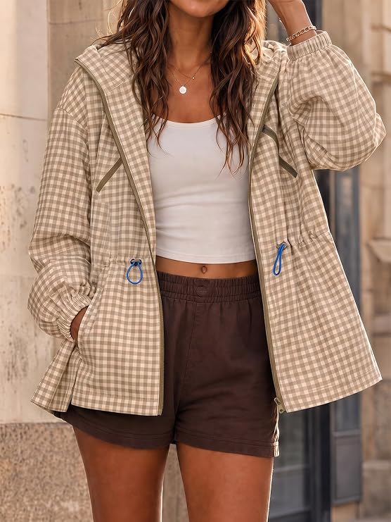 Womens Rain Jacket Waterproof Plaid Raincoat Hooded Windbreaker-Tactilefable