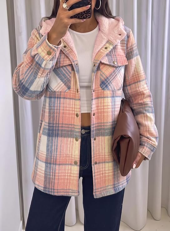 Womens Plaid Shacket Jacket Warm Fleece Hooded Jackets Winter Coats-Tactilefable
