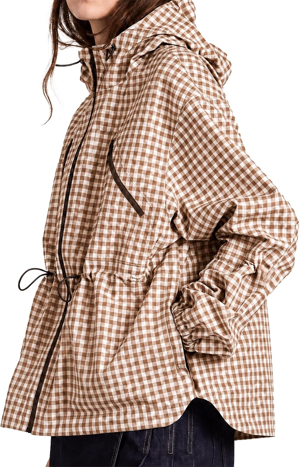 Womens Rain Jacket Waterproof Plaid Raincoat Hooded Windbreaker-Tactilefable