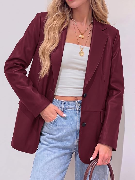 Faux Leather Jacket Women Loose Casual Blazer With Flap Pockets-Tactilefable
