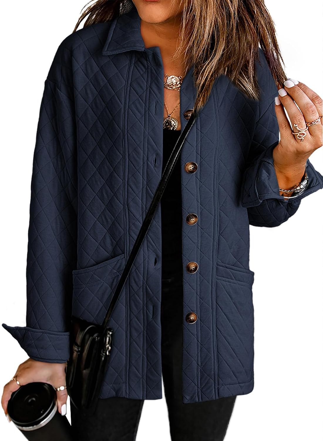 Quilted Jackets for Women Casual Lightweight Button Down Collared Long Sleeve Coats with Pockets-TACTILEFABLE