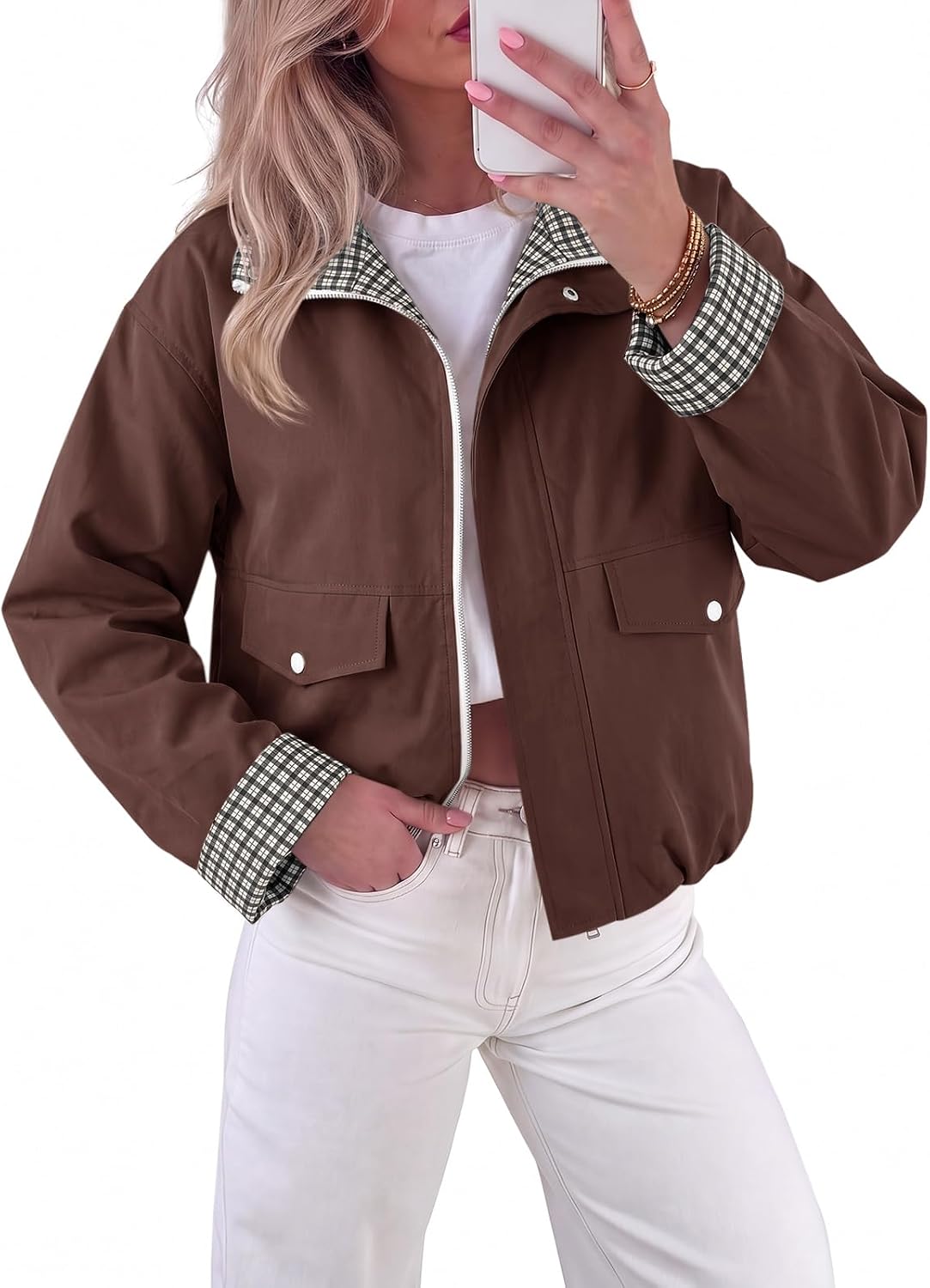 Womens Cropped Bomber Jacket Plaid Lightweight Fall Jacket-Tactilefable