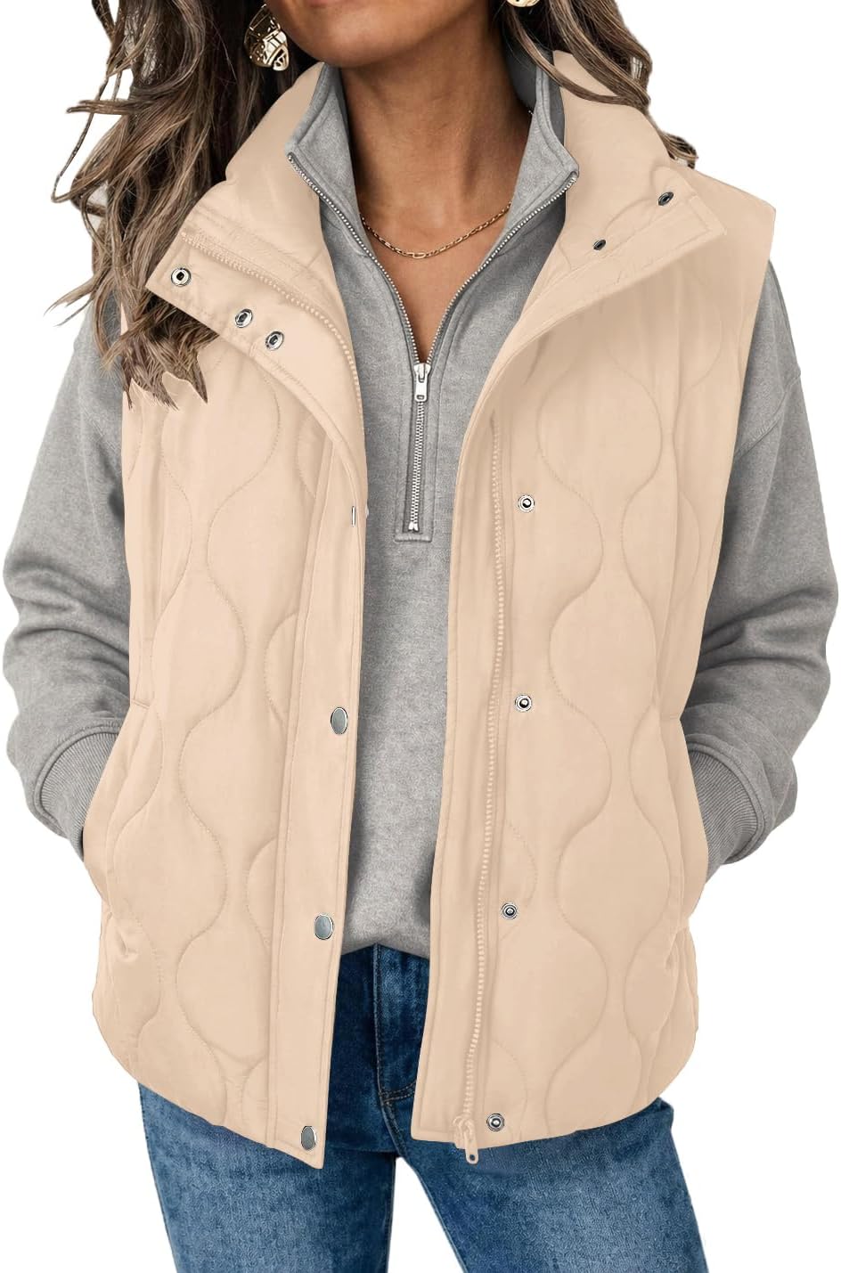 Women Oversized Puffer Vest Stand Collar Zip Up Sleeveless Outerwear-Tactilefable