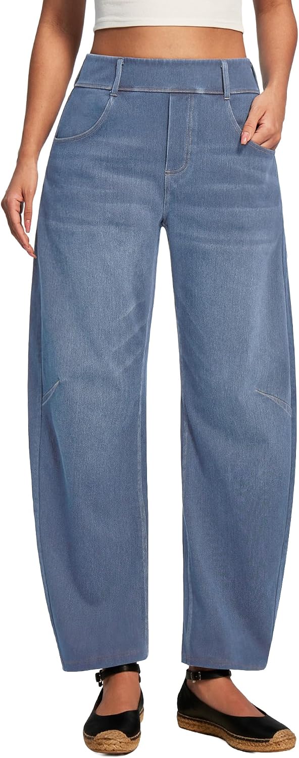 Stretchy Barrel Jeans Women High Waisted Pull On Denim Pants Trendy-Tactilefable