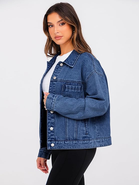 Womens Oversized Jean Jacket Casual Long Sleeve Button Down Denim Jacket Fall Coat-Tactilefable