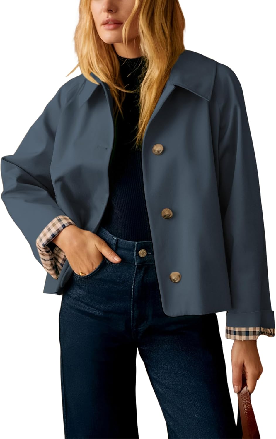 Womens Short Trench Jacket Plaid Lining Button Front Lightweight Classic Casual Outerwear with Pockets-TACTILEFABLE