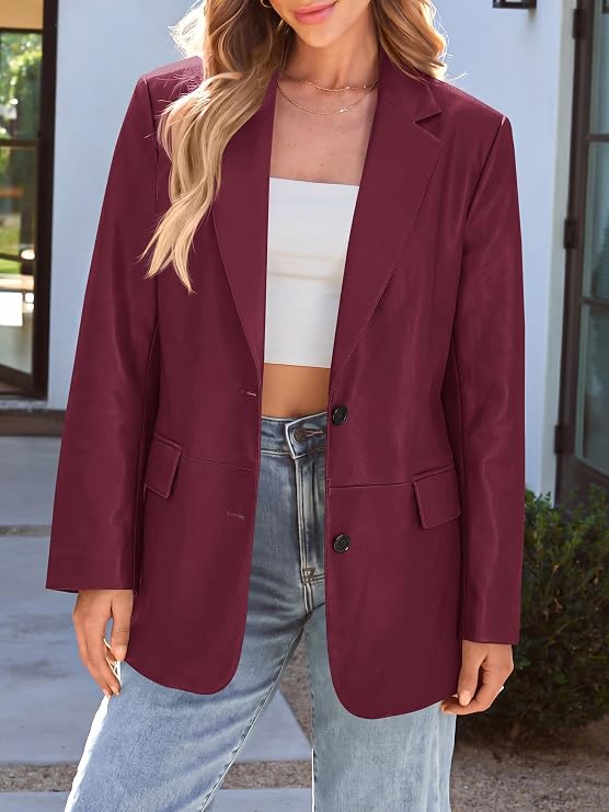 Faux Leather Jacket Women Loose Casual Blazer With Flap Pockets-Tactilefable
