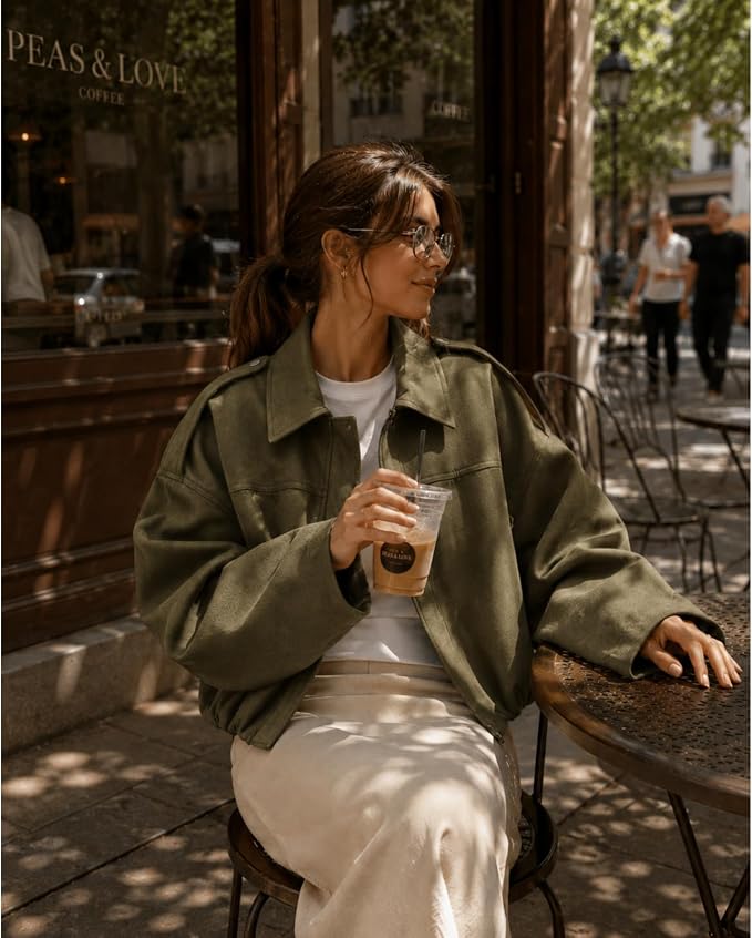 Womens Bomber Jacket Faux Suede Casual Cropped Pilot Coat Lapel Collar Causal Oversized Trendy Outwear-TACTILEFABLE
