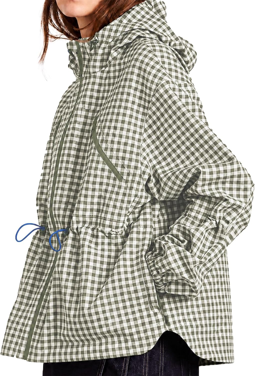 Womens Rain Jacket Waterproof Plaid Raincoat Hooded Windbreaker-Tactilefable
